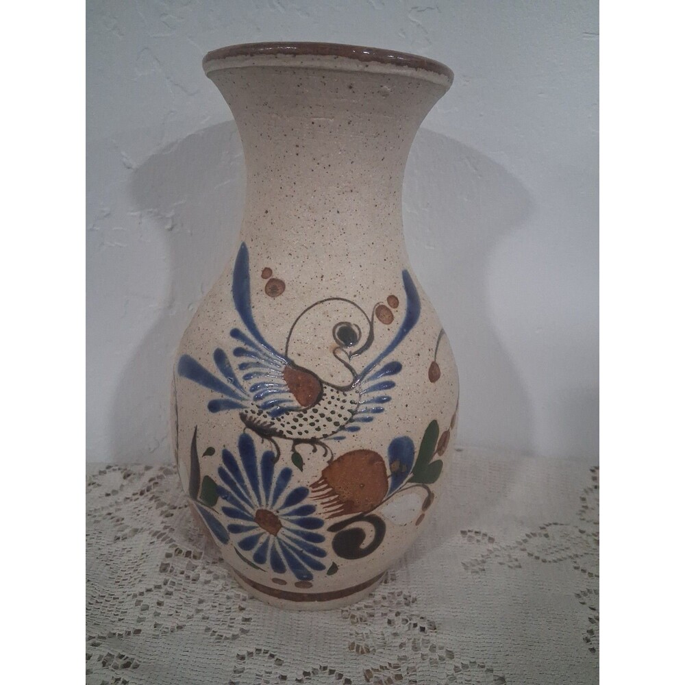 Vintage Tonala Mexican Pottery Vase Signed Hand Painted Folk Art Bird Flower 8”
